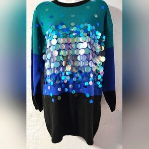 Vintage 1980s Bonnie & Bill Blue Sequin Tunic Sweater - Medium